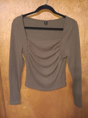 SHEIN Brown Ribbed Square-Neck Long Sleeve Top